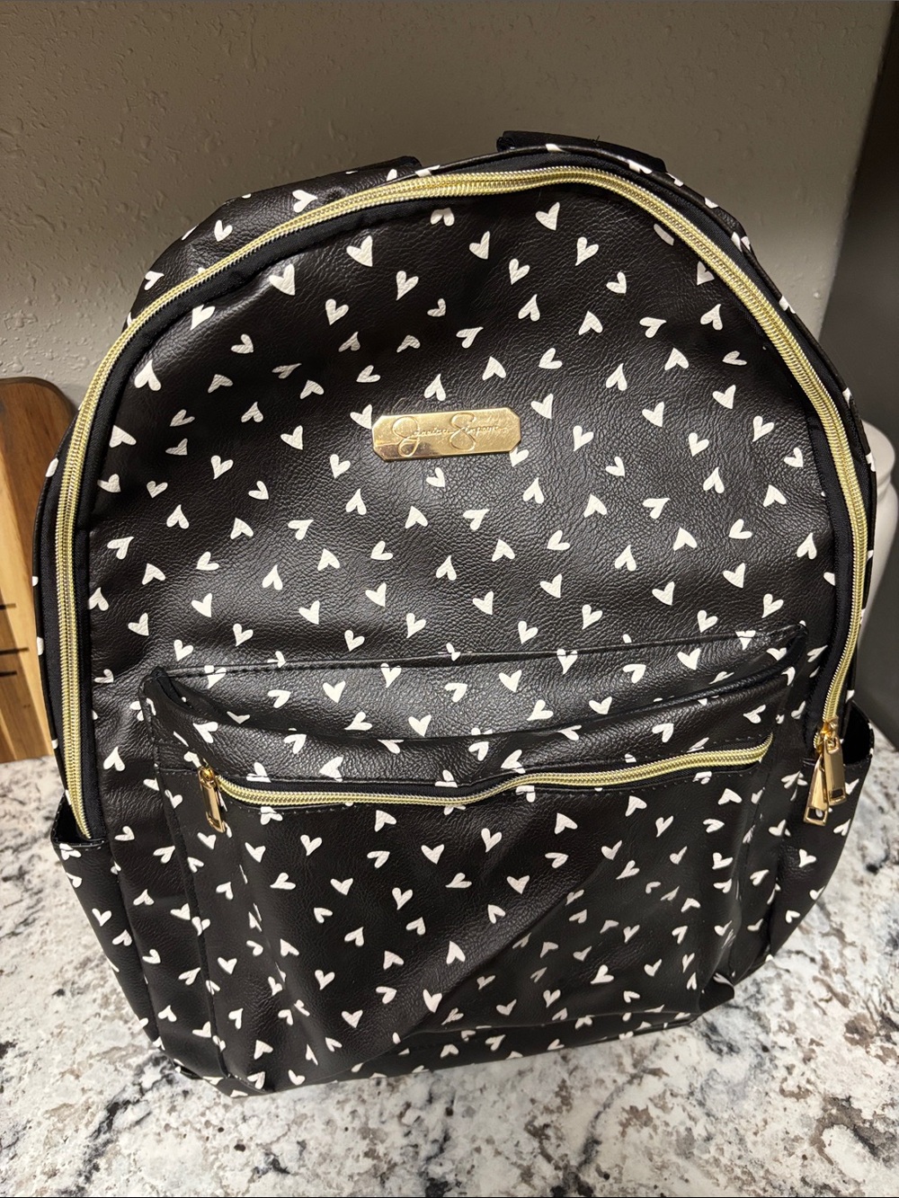 JESSICA SIMPSON - Black Heart-Print Backpack with Gold Accents - Designer Style